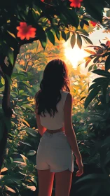 Woman in white outfit standing amid dense sunlit foliage.
