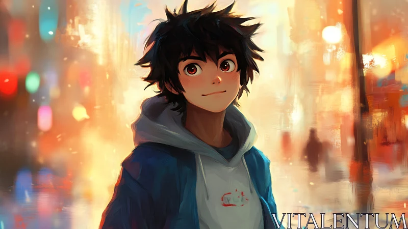 Teen boy in hoodie against soft city lights background.