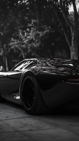 Black concept supercar reflects trees in moody grayscale