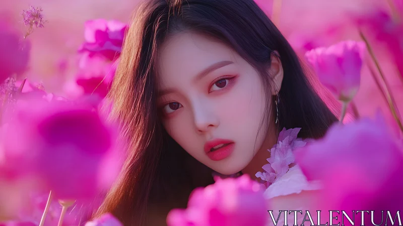 Ethereal Portrait in Magenta Flora: Luminous Beauty Composition.