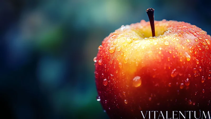 Rain-kissed crimson apple glowing in twilight bokeh bloom.