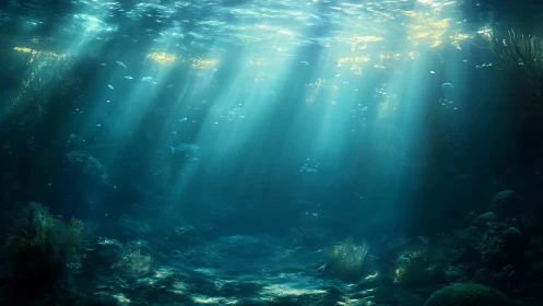 Sunlit ocean cathedral where drifting fish chase liquid light.