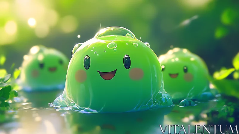 Green blob characters float in shallow sunlit forest water