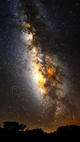 Milky Way galactic core over silhouetted forest horizon.