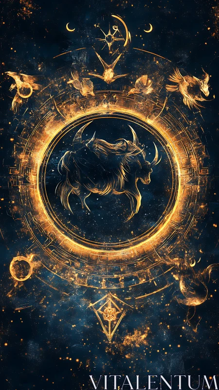 Golden celestial bull stands strong within a glowing cosmic ring