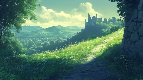 Sunlit hillside path leading toward distant emerald citadel.