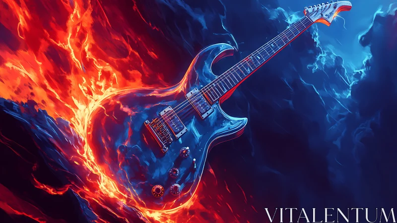 Electric guitar slices molten lava against cold blue storm