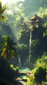 Tropical cliff temple above emerald jungle waterfalls.