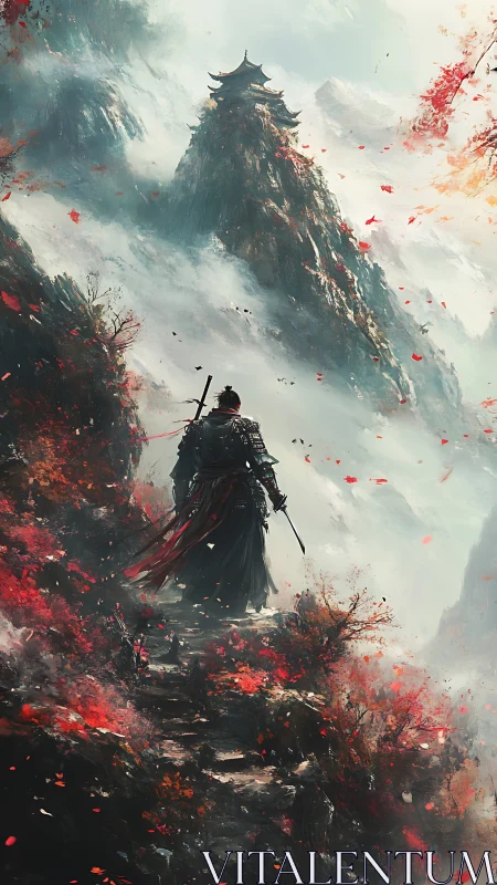 Lone warrior climbing toward a hidden mountain temple.