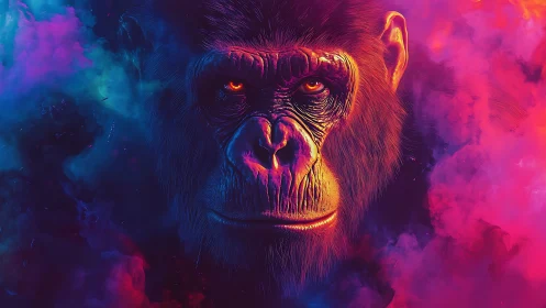 Neon primate portrait in dual-tone vaporwave chromatic haze.