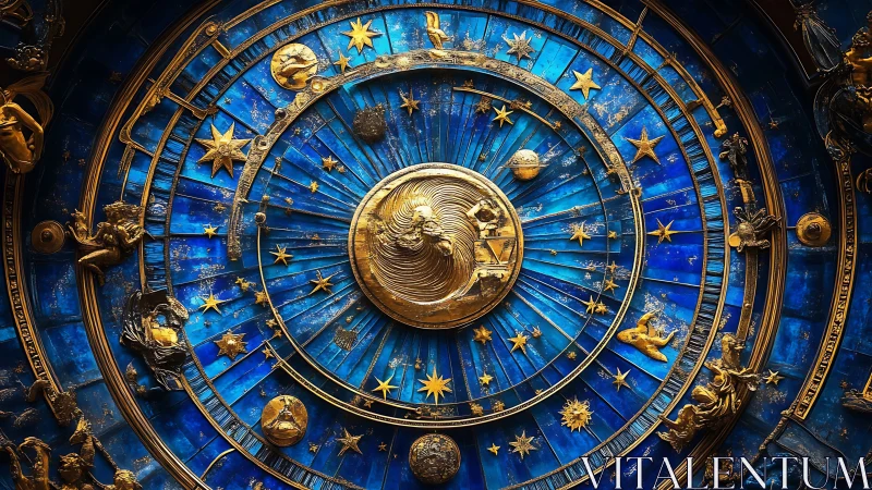 Radial celestial zodiac dial with gilt astrological reliefs.