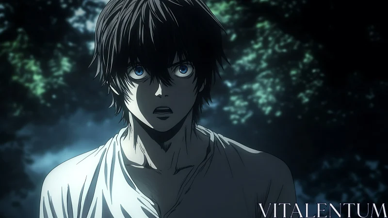 Night scene frames shocked anime youth under dappled backlight