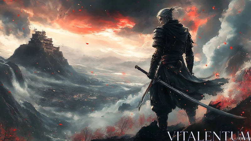 Armored samurai surveys storm-lit valley in cinematic digital art