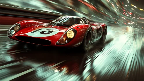 Red endurance race car on wet urban track at speed.