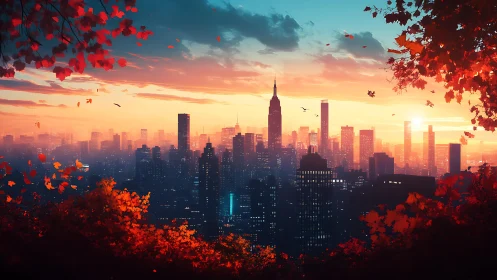 Golden hour city skyline wrapped in fiery autumn leaves.