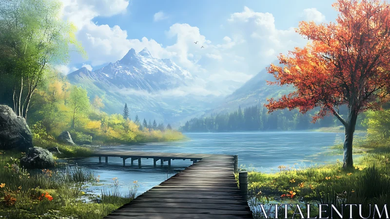 Peaceful mountain lake pier under soft autumn light.