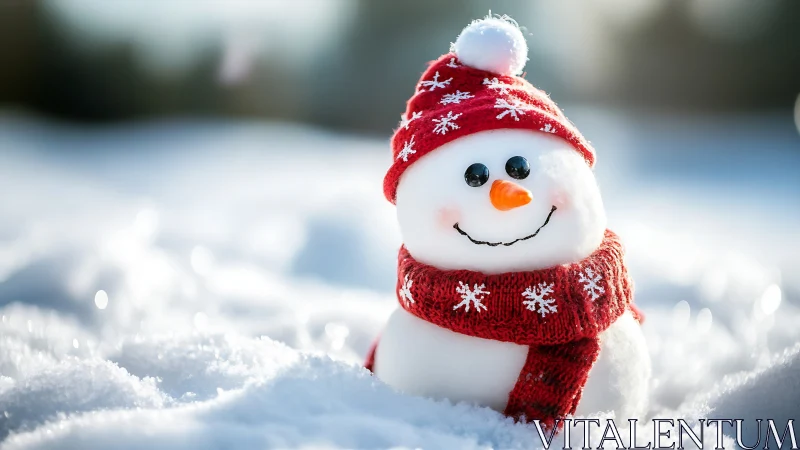 Smiling snowman in a red winter hat spreading cozy cheer.