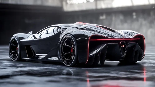 Futuristic black hypercar concept with neon rear lighting.