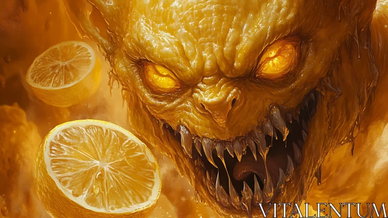 Fierce citrus demon rises amid glowing swirling lemon slices