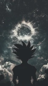 Silhouetted spiky‑haired warrior gazes into a cosmic halo.