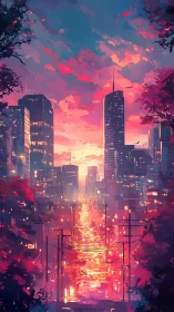 Neon dusk boulevard blazing through a dreamy painted skyline.