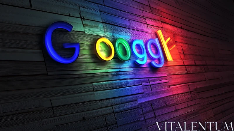 Neon letters spill rainbow light across textured wooden wall