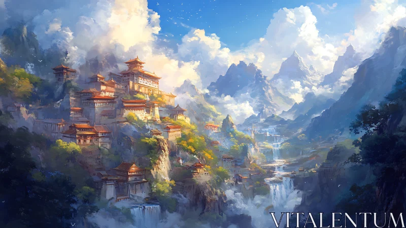 Mountain valley settlement with tiered temples and waterfalls.