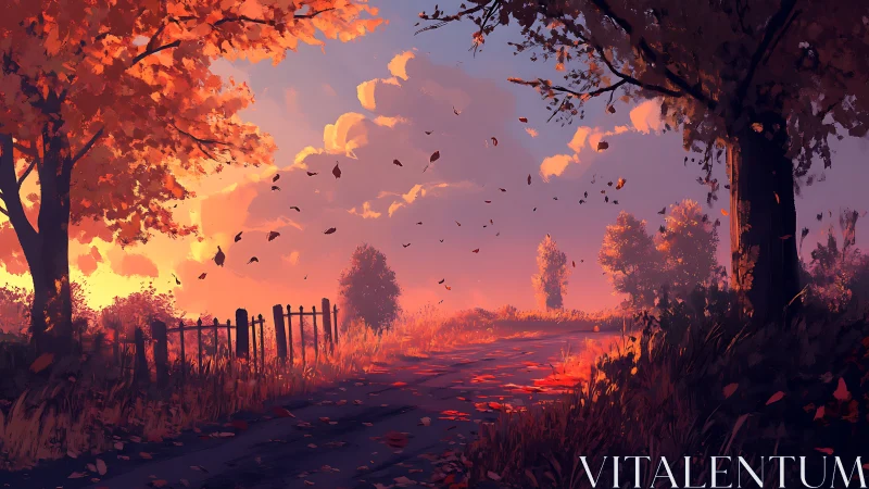 Golden autumn road glows softly beneath a fiery sunset sky