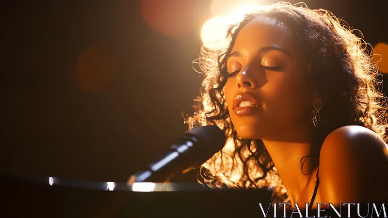 Golden spotlight singer lost in a soulful evening song.