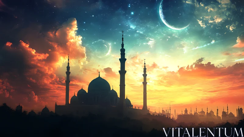 Fantasy mosque skyline under dramatic cosmic sunset.