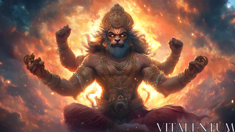 Multi-armed lion-headed deity figure in fiery cosmic space.