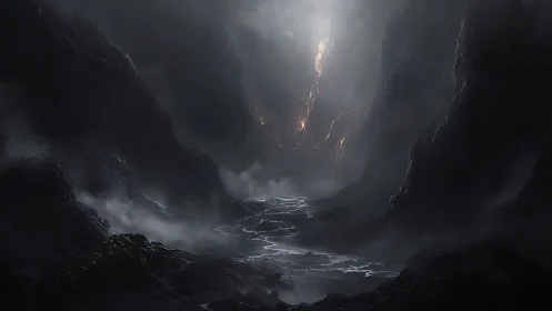 Photorealistic chasm landscape with volcanic fissure lighting.