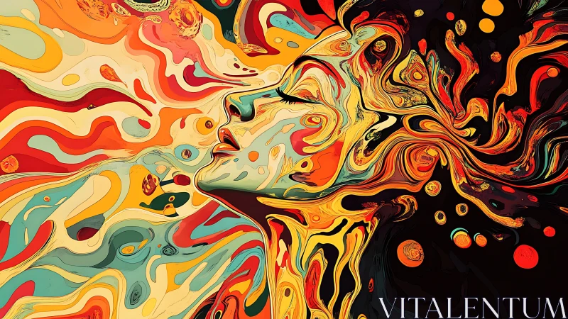Surreal female profile dissolves into swirling chromatic waves