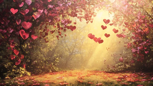 Luminous Heart Garden with Golden Sunburst and Floating Floral Hearts