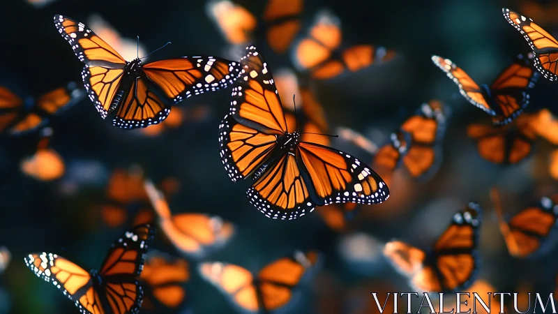 High-detail monarch butterfly swarm in shallow-focus motion