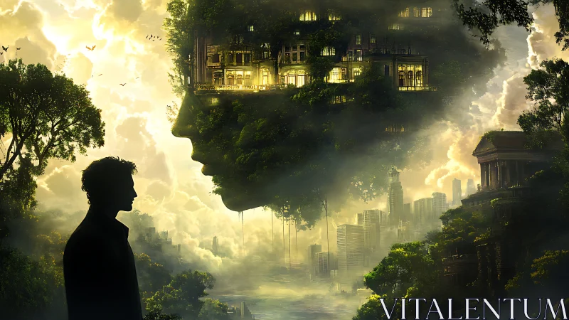 Floating forest mind above a dreaming neon-green cityscape.