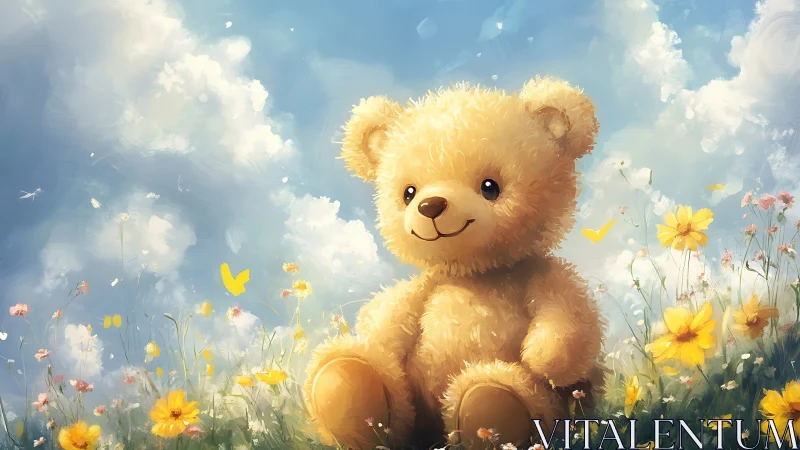 Smiling teddy bear sits in sunny wildflower meadow