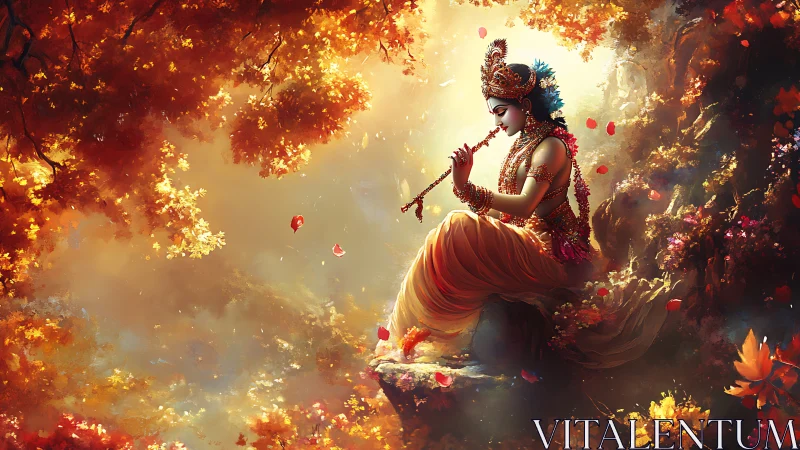 Divine flute player bathing autumn forest in golden music.