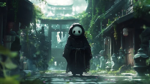 Masked wraith in mossy shrine corridor with cinematic volumetrics.