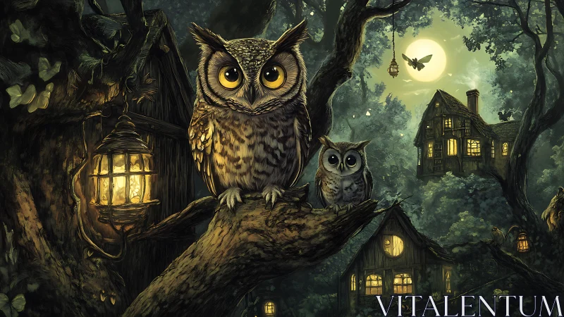 Moonlit owl guardians above lantern-lit forest cottages.