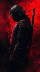 Armored samurai silhouette amid crimson particle storm.