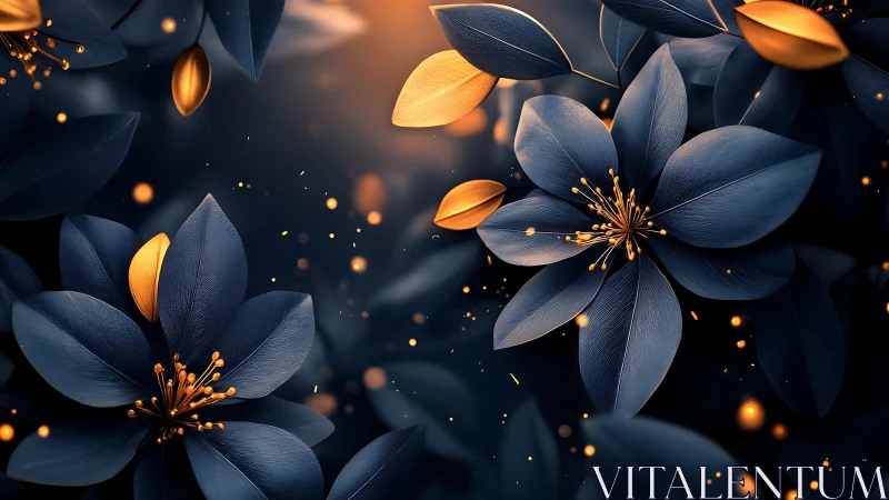 Midnight blossoms glowing with soft golden starlight.