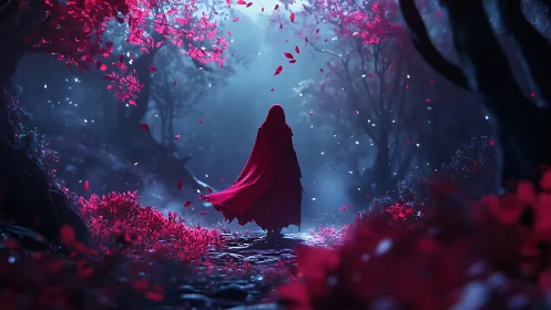 Crimson cloak drifting through moonlit, spellbound forest path.