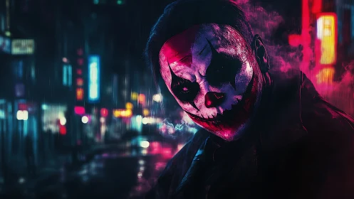 Masked figure with sinister clown makeup in neon alley.