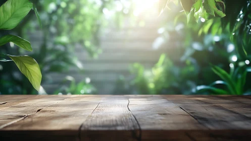 Sunlit wooden table stands before lush green garden backdrop