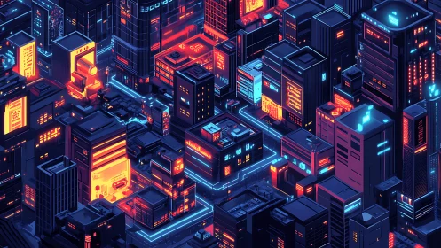Isometric cyberpunk cityscape with neon-lit grid streets at night