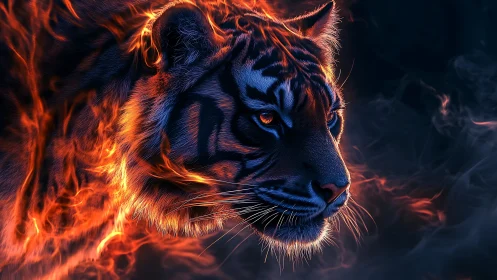 Fiery tiger portrait merges molten light with shadowed smoke