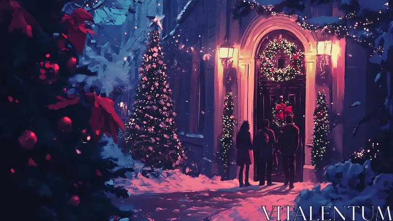 Digital painting of snowy Christmas doorway with carolers at dusk.