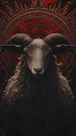 Majestic horned ram stands proud before fiery ornate halo