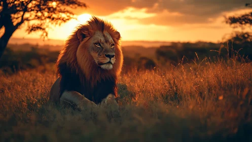 Lion rests in golden savanna light at dramatic sunset.